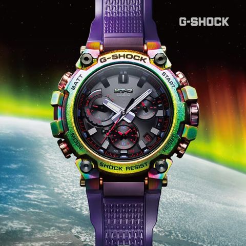 CASIO 卡西歐 G-SHOCK MTG北極光 太陽能智慧藍芽彩虹離子電波錶-彩紫(MTG-B3000PRB-1A 防水200米)
