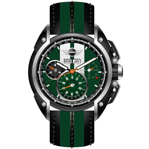 【MINI Swiss Watches 】石英錶 45mm 綠底白條三眼計時 綠黑相間真皮錶帶