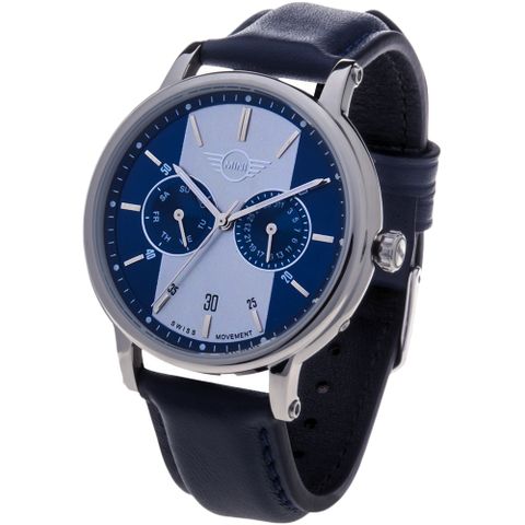 【MINI Swiss Watches 】石英錶 43.5mm 藍底銀條二眼錶面 深藍皮錶帶