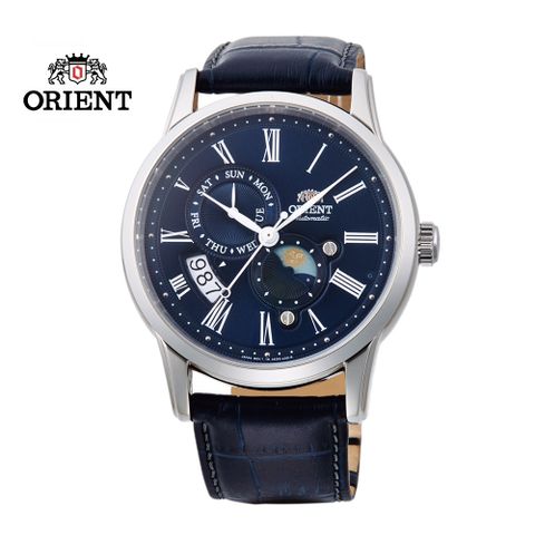 ORIENT 東方錶 SUN&amp;MOON系列 羅馬數字日月相錶 皮帶款 RA-AK0011D 藍色