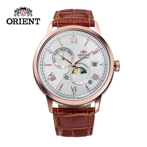 ORIENT 東方錶 SUN&amp;MOON系列 羅馬數字日月相錶 皮帶款 RA-AK0801S 玫瑰金白色 - 41.5 mm