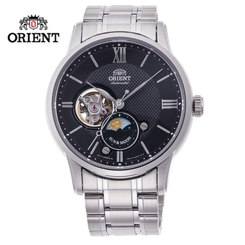 ORIENT 東方錶 SUN&amp;MOON系列 半露空日月相錶 鋼帶款 黑色 RA-AS0002B-42.0 mm