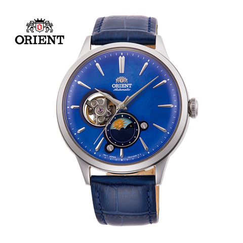 ORIENT 東方錶 SUN&amp;MOON系列 半露空日月相錶 皮帶款 藍色 RA-AS0103A-41.5 mm