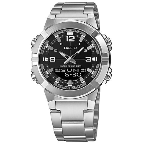 CASIO / AMW-870D-1A / 卡西歐 粗曠雙顯 世界時間 計時碼錶 不鏽鋼手錶 黑色 44mm