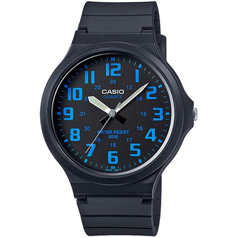 【CASIO 卡西歐】簡約指針設計時尚錶-黑x藍色數字(MW-240-2BVDF)