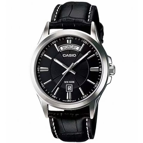【CASIO 卡西歐】簡約沉穩皮革腕錶/黑x銀框(MTP-1381L-1A)