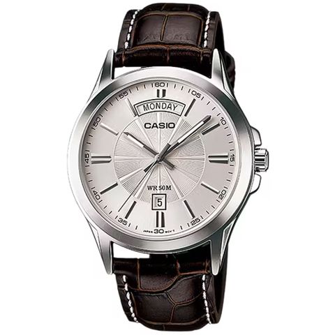 【CASIO 卡西歐】簡約時尚皮革腕錶/咖x銀框(MTP-1381L-7A)