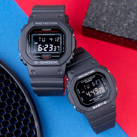 CASIO 卡西歐 G-SHOCK x BABY-G 愛戀時光電子情人對錶/黑x黑(DW-5600HR-1DR+BGD-565U-1DR)