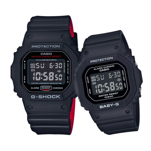 送限量贈品，送完為止CASIO G-SHOCK&amp;BABY-G 霧黑時尚經典方形對錶/DW-5600HR-1+BGD-565U-1