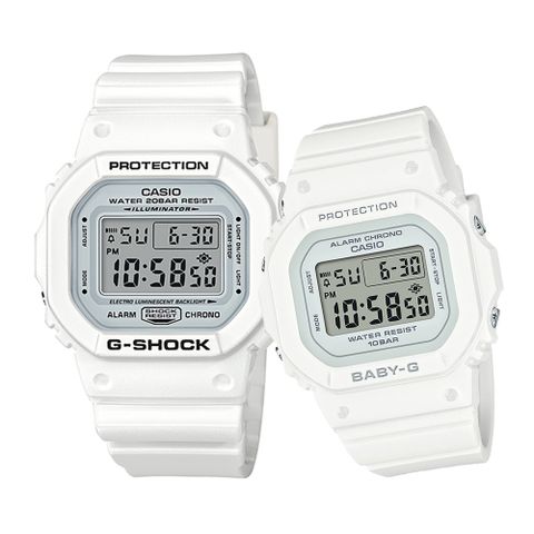 送限量贈品，送完為止CASIO G-SHOCK&amp;BABY-G 純白時尚經典方形對錶/DW-5600MW-7+BGD-565-7