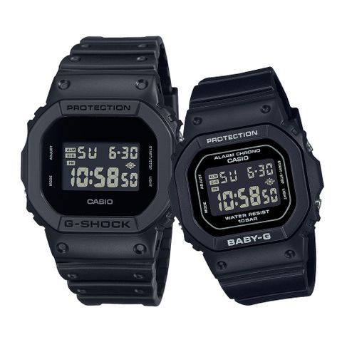 CASIO 卡西歐 G-SHOCK&BABY-G 霧黑時尚經典方形對錶/DW-5600UBB-1+BGD-565U-1