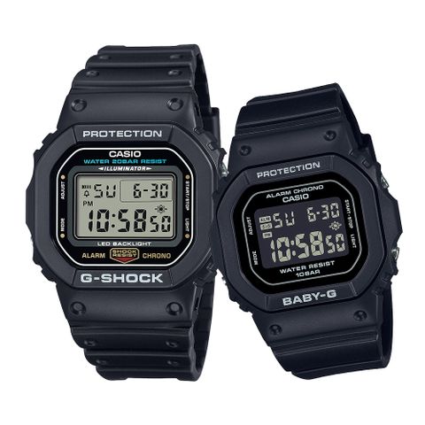 CASIO 卡西歐 G-SHOCK&BABY-G 霧黑時尚經典方形對錶/DW-5600UE-1+BGD-565U-1