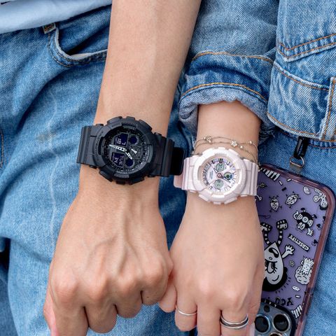 CASIO 卡西歐 G-SHOCK x BABY-G 愛情時刻運動情人對錶/黑x粉(GA-100-1A1DR+BA-130WP-4ADR)