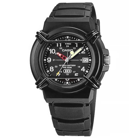 CASIO / HDA-600B-1B / 卡西歐 十年電力 軍旅指針錶 日期顯示 防水100米 橡膠手錶 黑色 40mm