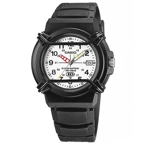 CASIO / HDA-600B-7B / 卡西歐 十年電力 軍旅指針錶 日期顯示 防水100米 橡膠手錶 白x黑 40mm
