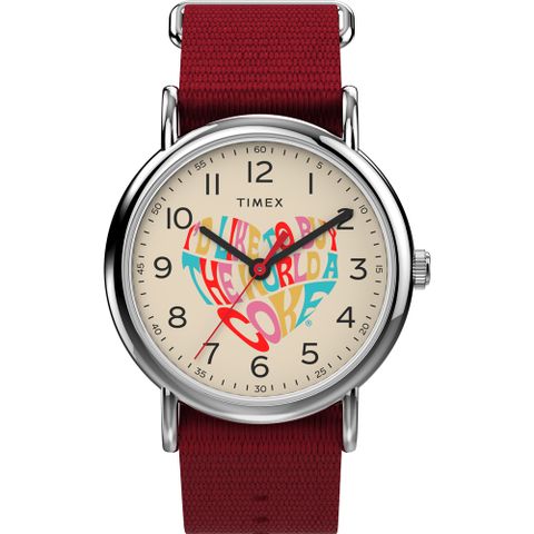 【TIMEX】天美時 x Coca-Cola 限量聯名系列可口可樂愛心款手錶 (米x紅 TXTW2V29900)