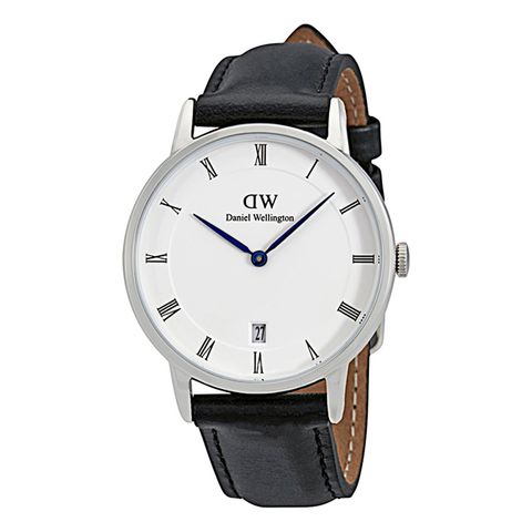 Daniel Wellington 【DW 】Dapper時尚黑色皮革腕錶-銀框/34mm