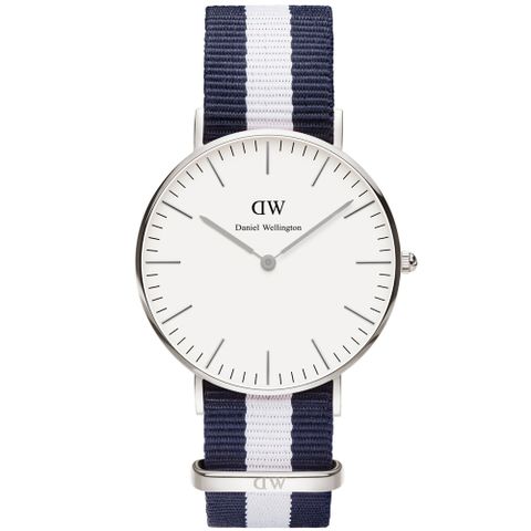 Daniel Wellington DW  經典藍白帆布時尚女錶-銀框/36mm(0602DW)