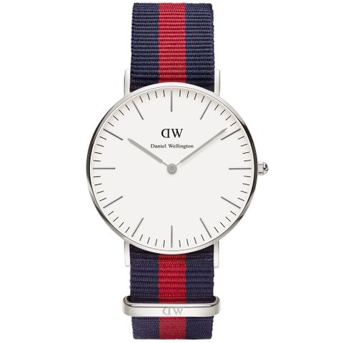 Daniel Wellington DW  經典藍紅帆布時尚女錶-銀框/36mm(0601DW)