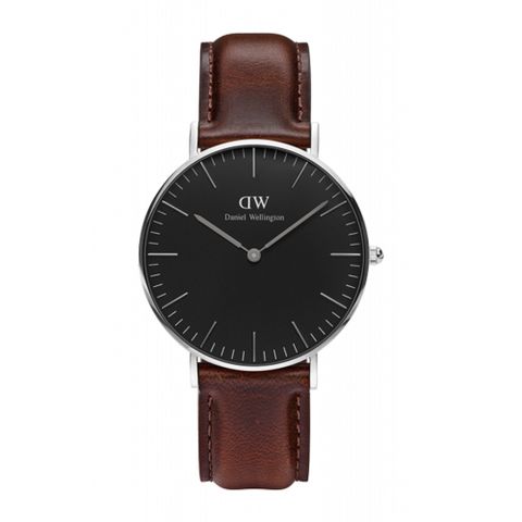 DW Daniel Wellington 經典深咖啡皮革腕錶-銀框/36mm(DW00100143)