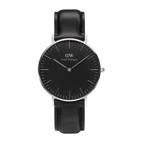 Daniel Wellington DW  經典黑色皮革腕錶-銀框/36mm(DW00100145)