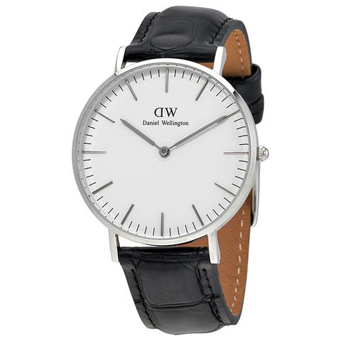 【Daniel Wellington】時尚極簡風黑色壓紋皮帶石英腕錶-銀框/36mm(0613DW)