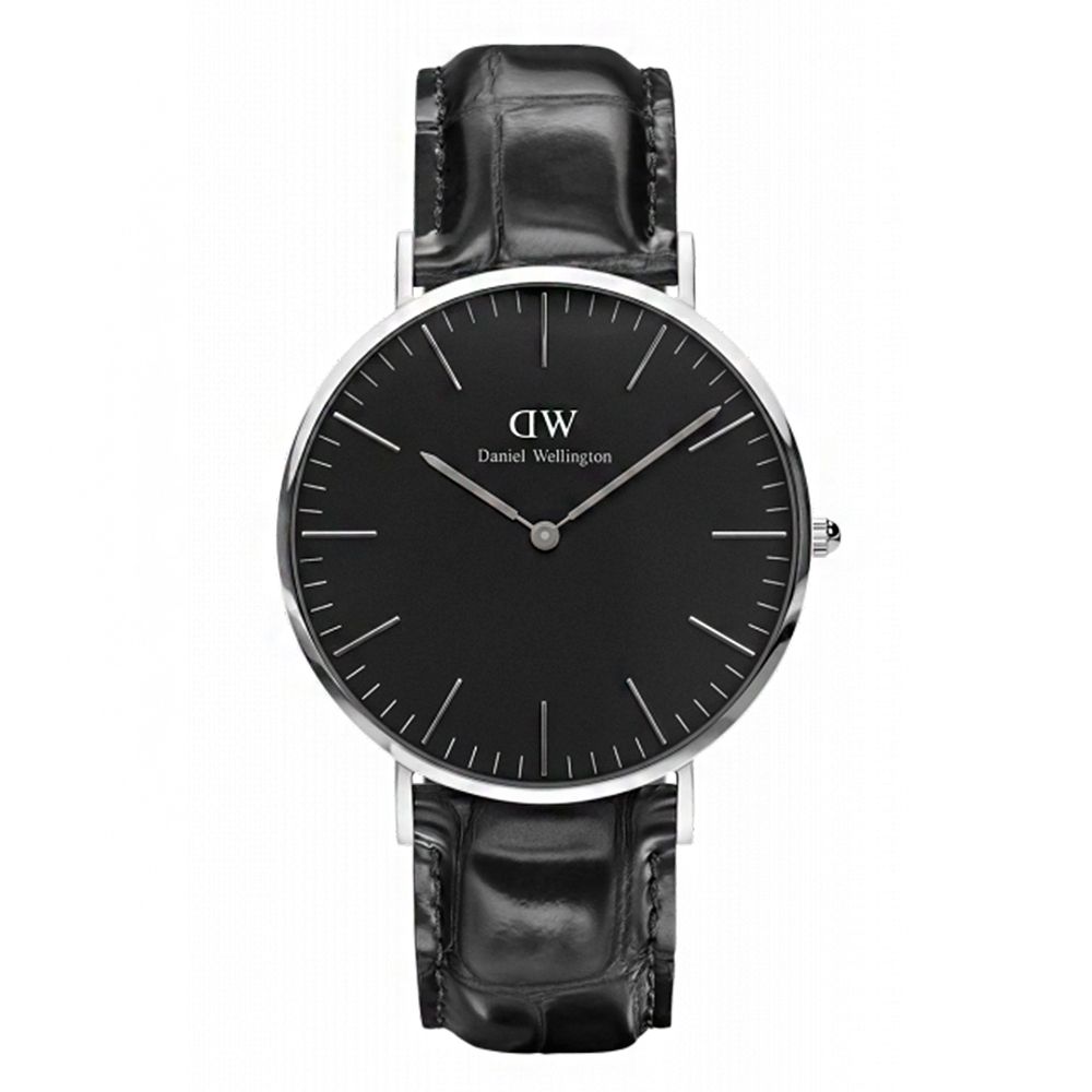 Daniel Wellington DW  黑色壓紋皮革腕錶-銀框/40mm(DW00100135)