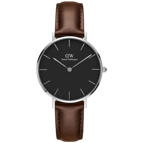 Daniel Wellington DW  經典布里斯托黑棕色皮帶腕錶-銀框/32mm(DW00100177)