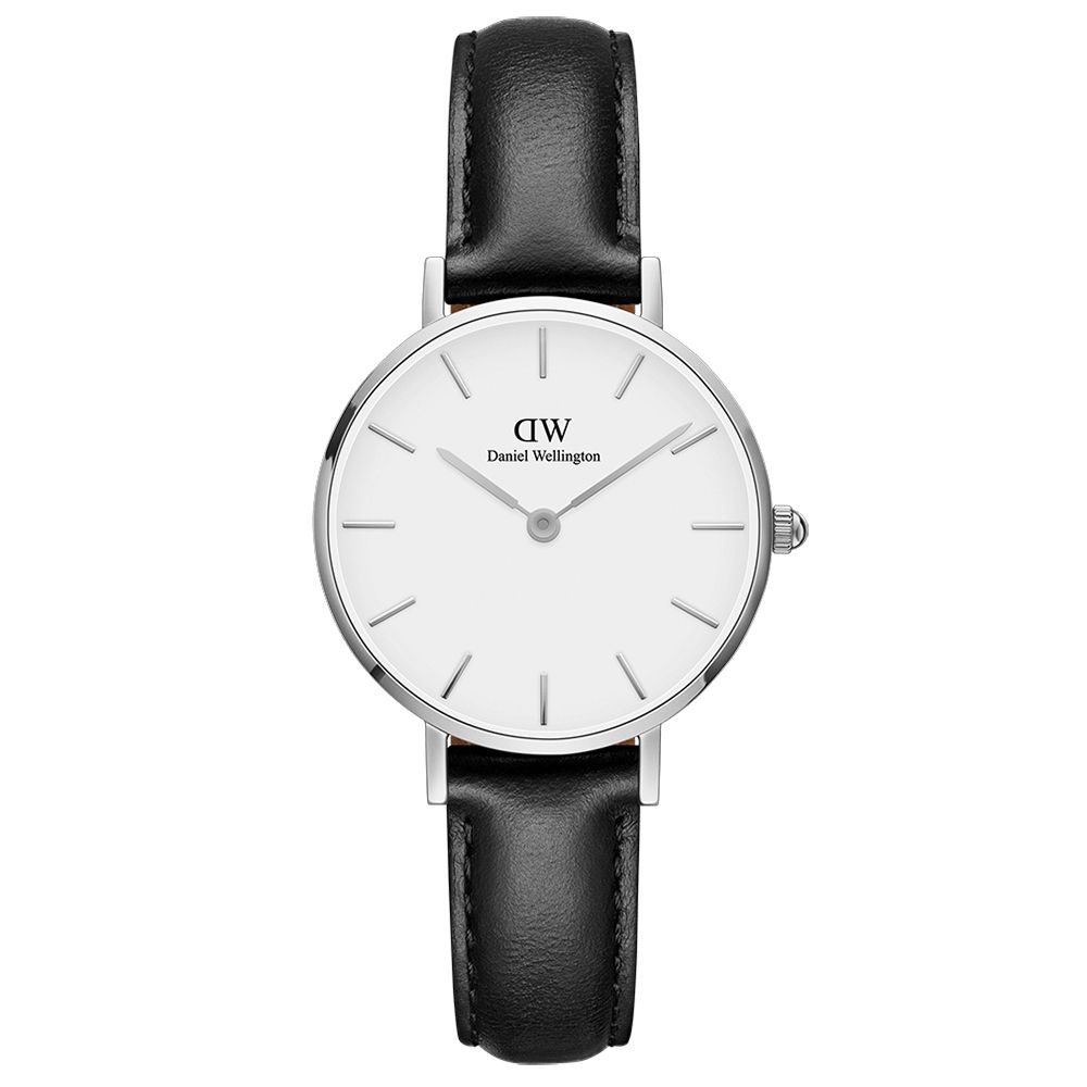 Daniel Wellington DW  浪漫雪菲爾黑色皮帶石英腕錶-銀框/28mm(DW00100242)