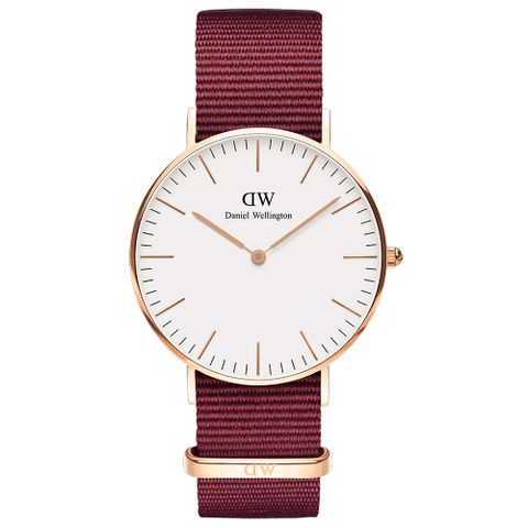 Daniel Wellington 時尚蘿絲琳寶石紅NATO錶帶石英腕錶-金框/36mm(DW00100271)