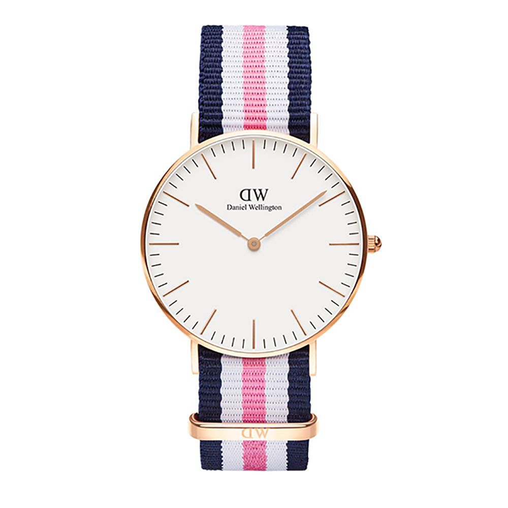 Daniel Wellington 瑞典時尚品牌經典簡約尼龍腕錶-藍白粉x玫金-36mm(DW00100034)