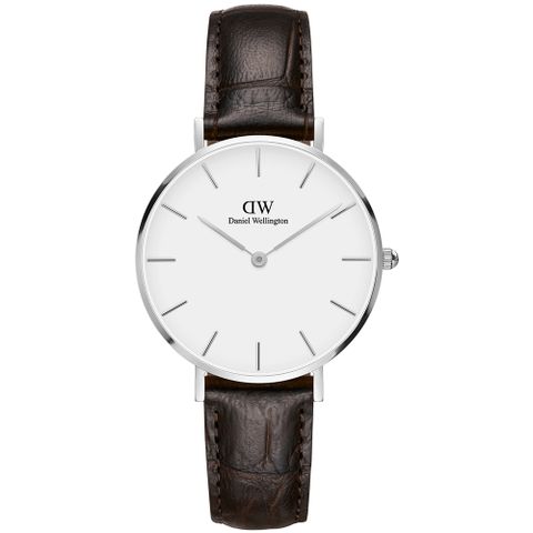 Daniel Wellington DW  經典約克黑棕色壓紋皮帶腕錶-銀框/32mm(DW00100188)