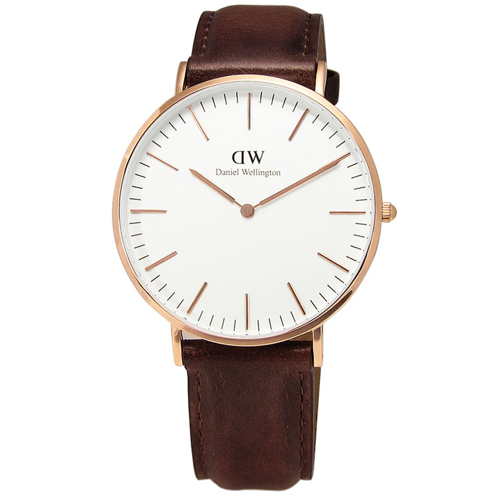 Daniel Wellington DW  / DW00100006 / 現代簡約真皮手錶 白x玫瑰金框x咖啡 40mm