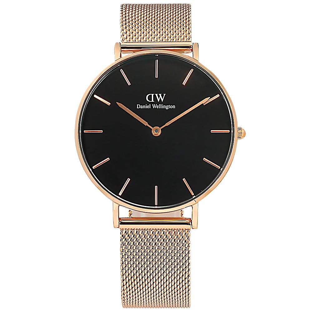 Daniel Wellington DW  / DW00100303 / Petite Ashfield 經典米蘭編織不鏽鋼手錶 黑x鍍玫瑰金 36mm