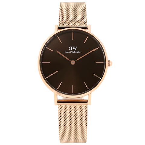 Daniel Wellington DW  / DW00100477 / Petite Amber 經典米蘭編織不鏽鋼手錶 琥珀棕x鍍玫瑰金 32mm