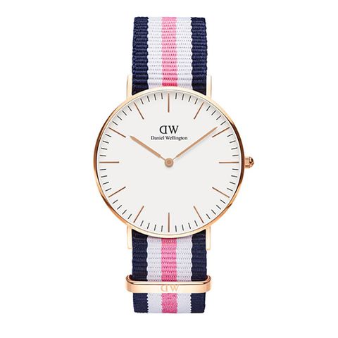 Daniel Wellington 瑞典時尚品牌經典簡約尼龍腕錶-藍白粉x玫金-36mm(DW00100034)