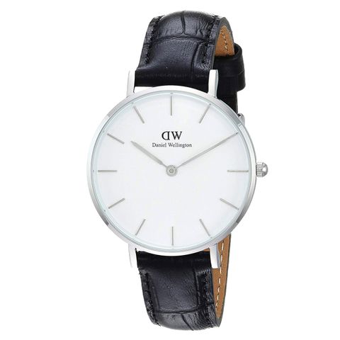 Daniel Wellington DW  雷丁學院風黑色壓紋皮帶石英腕錶-銀框/28mm(DW00100241)