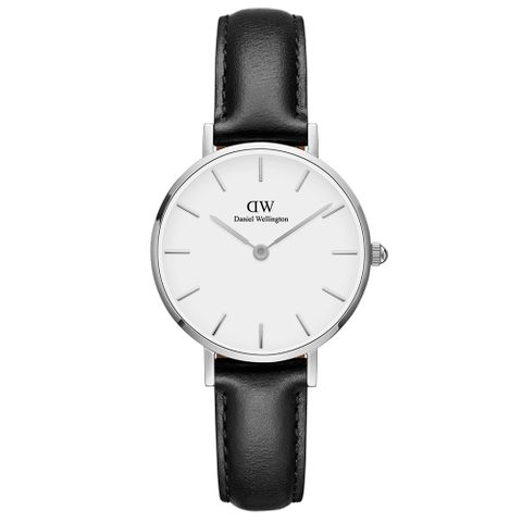 【Daniel Wellington】浪漫雪菲爾黑色皮帶石英腕錶-銀框/28mm(DW00100242)