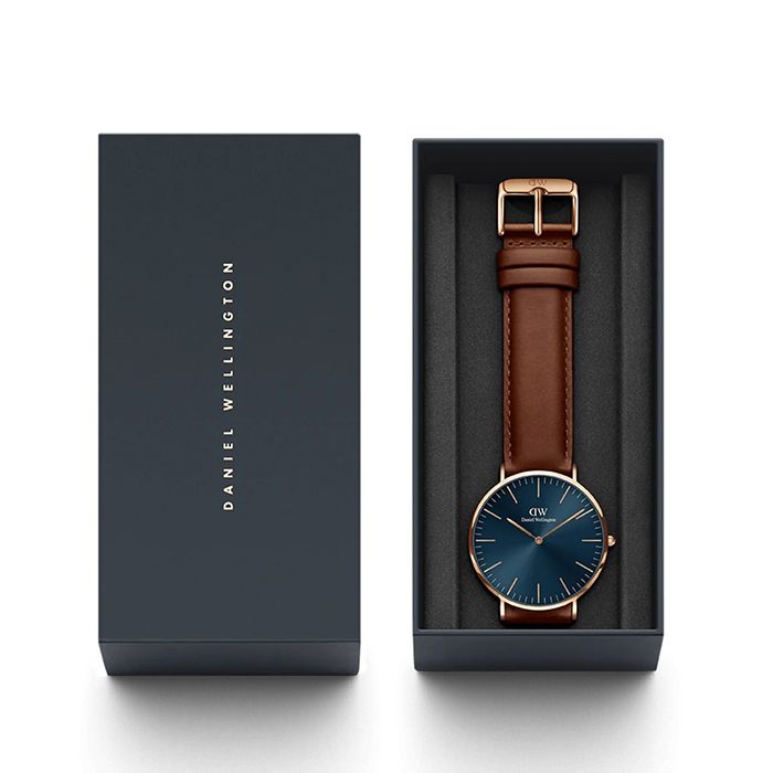 Daniel Wellington Classic 簡約時尚 DW00100626 皮錶帶男錶 藍/玫瑰金 40mm DW男錶