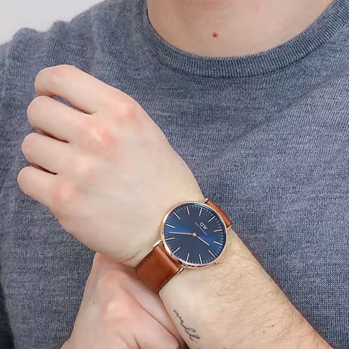 Daniel Wellington Classic 簡約時尚 DW00100626 皮錶帶男錶 藍/玫瑰金 40mm DW男錶