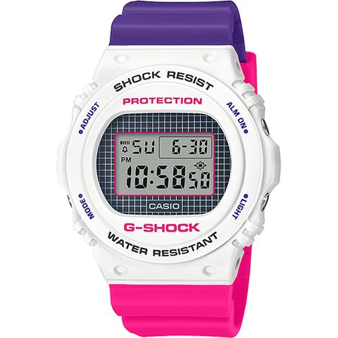 【CASIO卡西歐】G-SHOCK 圓形格紋撞色數位腕錶/桃紫x白(DW-5700THB-7DR)