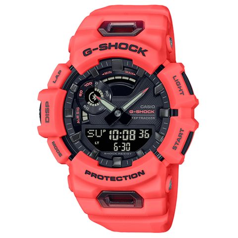 【CASIO 卡西歐】G-SHOCK 系列耐衝擊手機藍牙構造手錶-螢光粉橘紅(GBA-900-4A)
