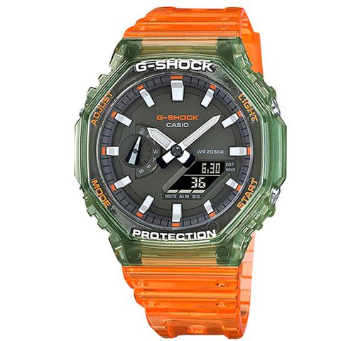 G-SHOCK CASIO / GA-2100HC-4A / 卡西歐 秘境海岸系列 果凍 八角型 雙顯 防水200米 橡膠手錶 綠x半透明橘色 45mm