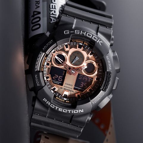 CASIO 卡西歐 G-SHOCK 重機齒輪設計 200米防水 雙顯運動電子錶 GA-100MMC-1A 黑/玫瑰金