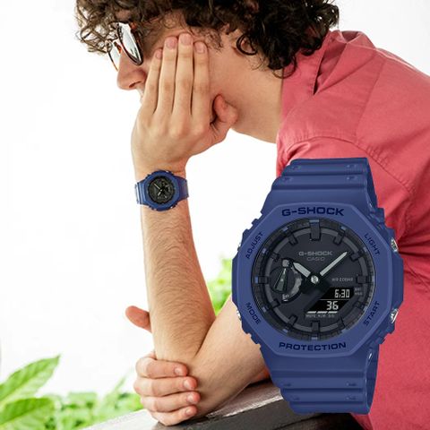 CASIO 卡西歐 G-SHOCK 耐衝擊八角雙顯電子錶-藍 GA-2100-2A