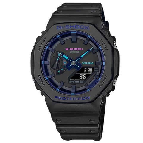 CASIO 卡西歐 G-SHOCK  / GA-2100VB-1A /  八角型 霓虹元素 雙顯 防水 橡膠手錶 黑色 45mm