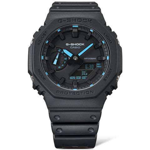 CASIO 卡西歐 G-SHOCK 霓虹藍 農家橡樹 耐衝擊八角雙顯電子錶 GA-2100-1A2