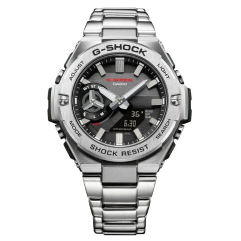 CASIO卡西歐 G-SHOCK 太陽能x藍牙連線 強悍碳纖維雙顯腕錶-銀灰 禮物推薦 畢業禮物 GST-B500D-1A