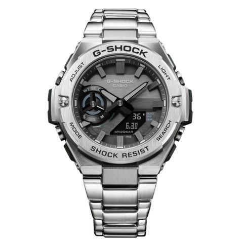 CASIO卡西歐 G-SHOCK 太陽能x藍牙連線 強悍碳纖維雙顯腕錶-灰 母親節 禮物 GST-B500D-1A1