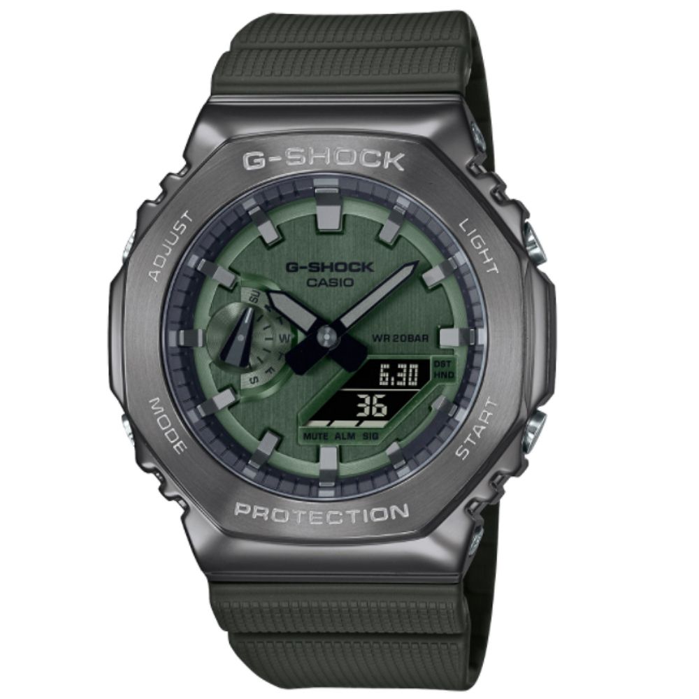 CASIO卡西歐G-SHOCK 農家橡樹時尚金屬雙顯腕錶-綠色GM-2100B-3A